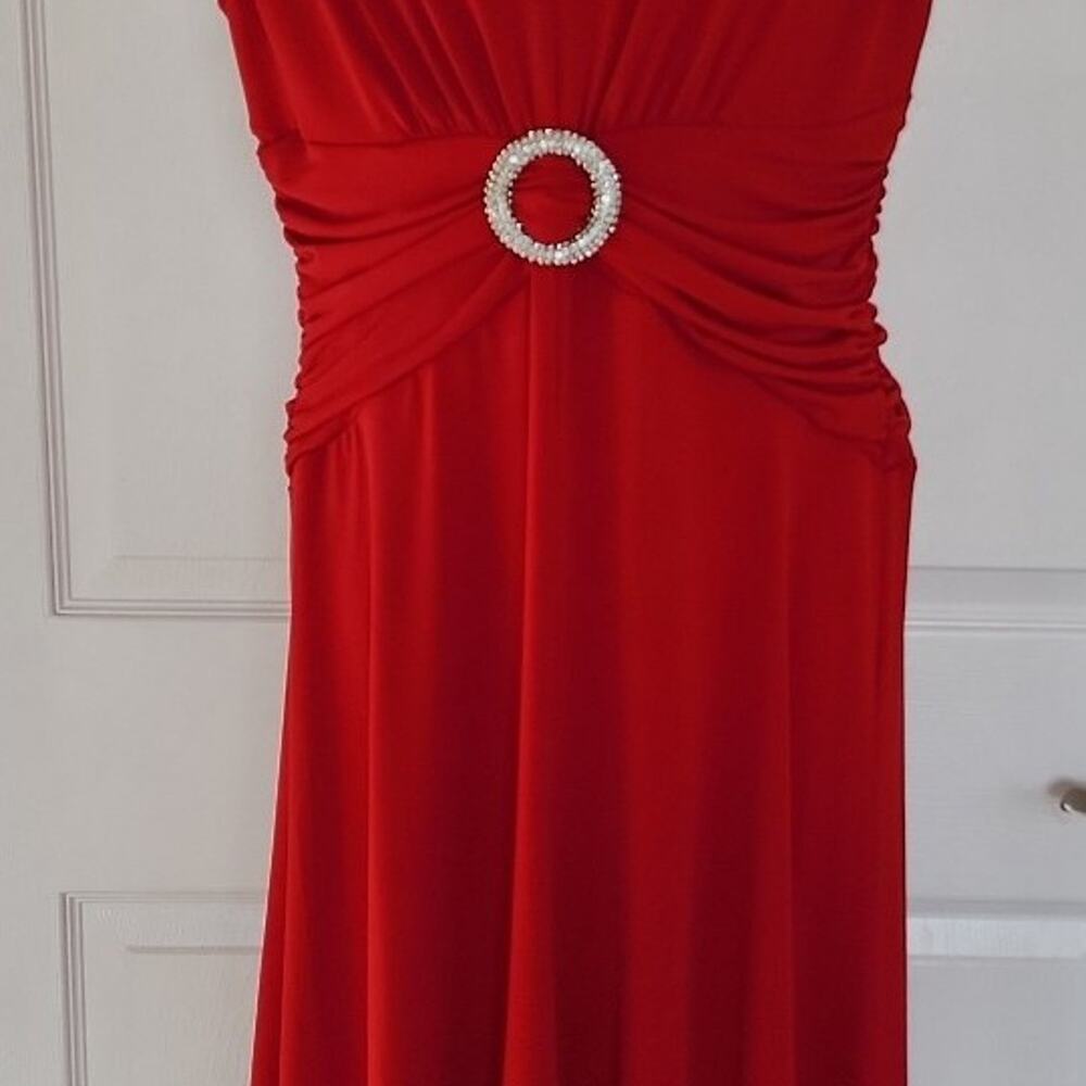 Metaphor Red Midi Dress with Rhinestone Buckle